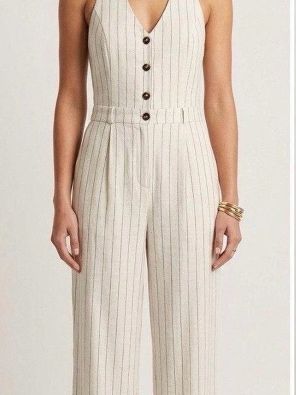 Monteau Cream Pinstripe Sleeveless V-Neck Jumpsuit